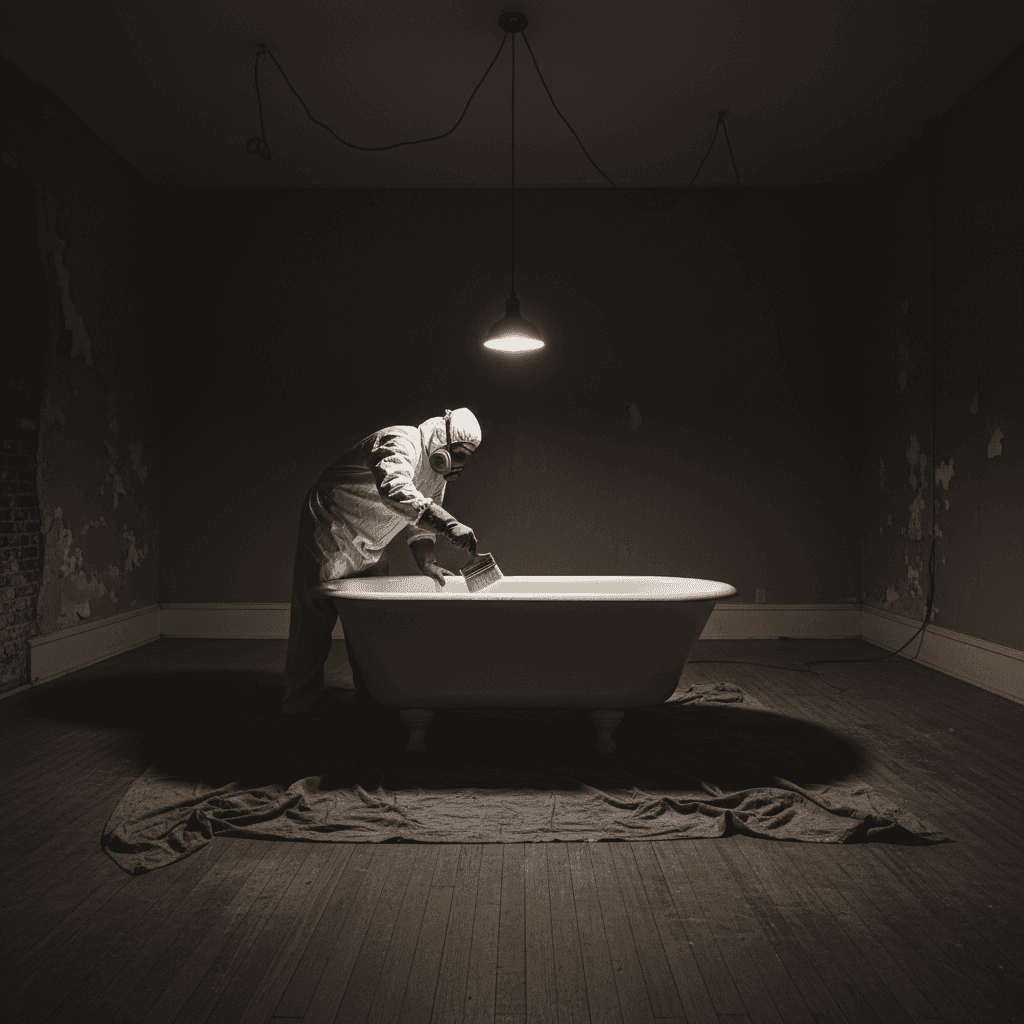 A clawfoot tub being refinished in a historic home, with a technician applying the final glossy coat under a work light.