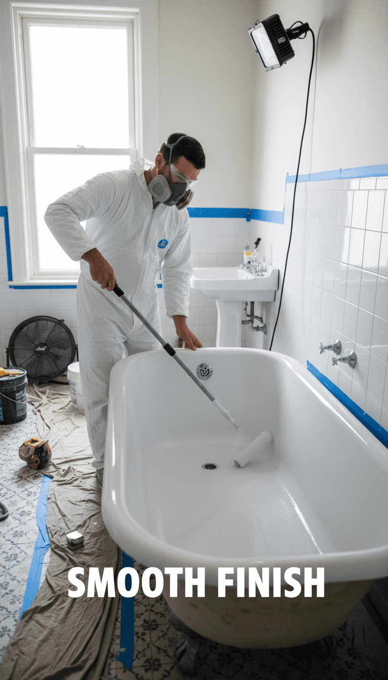 Contractor applying smooth coating to bathtub surface in bathroom