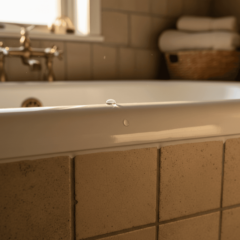 Detail of the seam between a refinished tub and existing tile, showing the clean line and glossy finish.