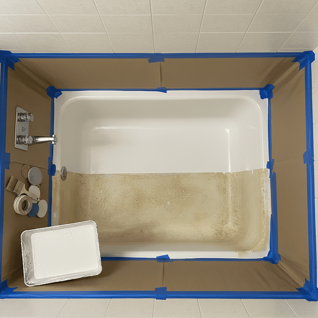 Overhead view of a hotel tub refinishing project showing masking, tools, and the partially completed restoration.