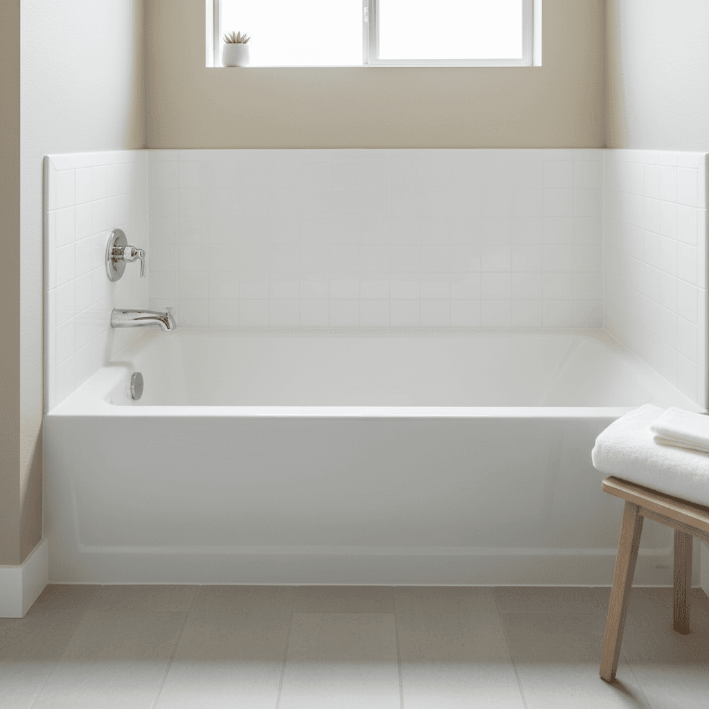 Clean white bathtub with chrome fixtures, white tile surround, and towels on a wooden stool.
