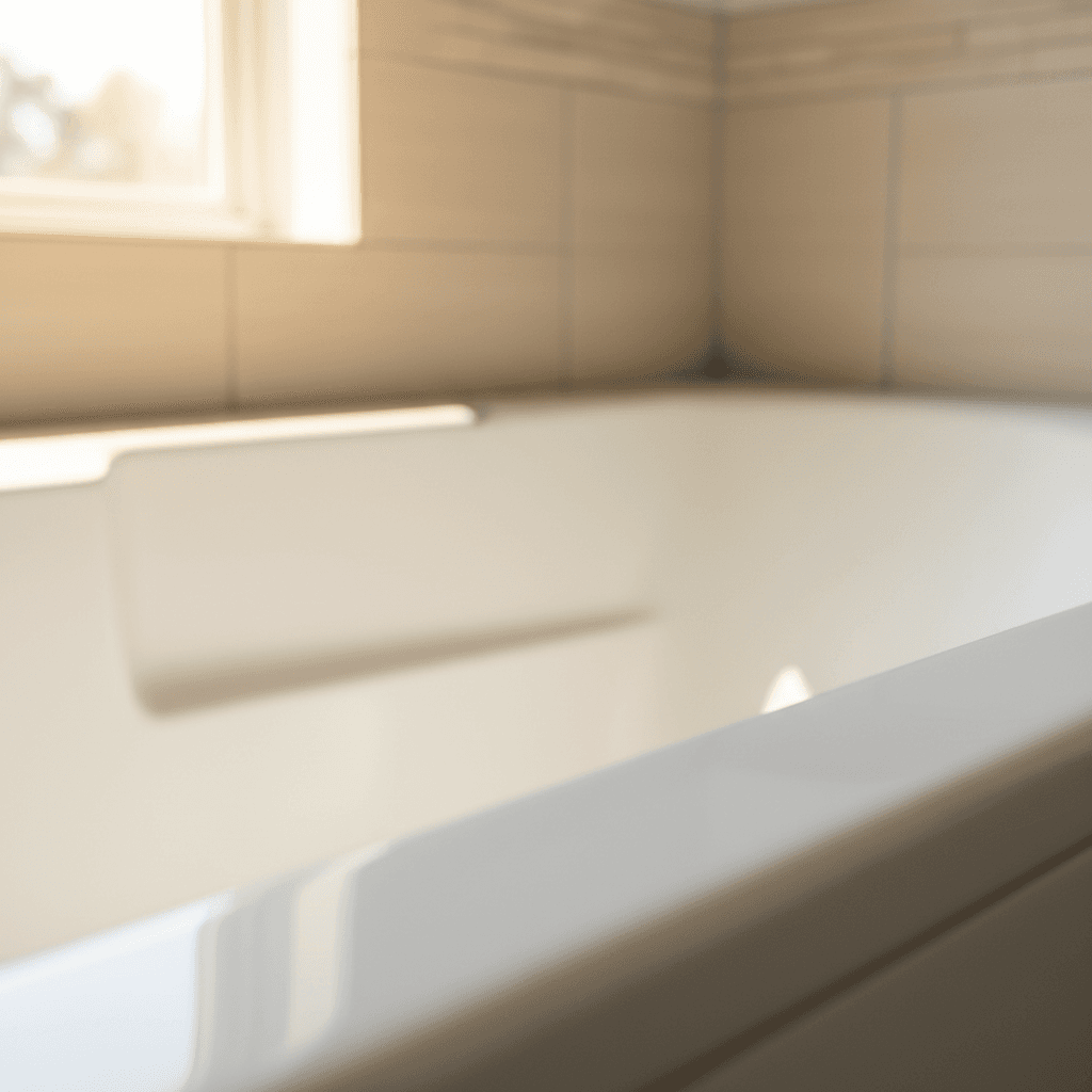 Close-up of a refinished bathtub showing a smooth, glossy surface with light reflecting off the cured finish.