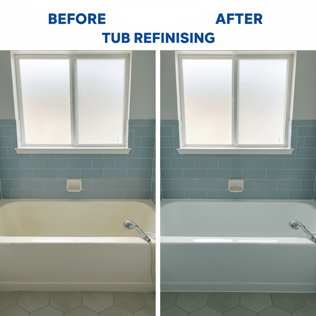 Before and after view of a fiberglass tub refinishing project showing the transformation from a worn surface to a glossy white finish.