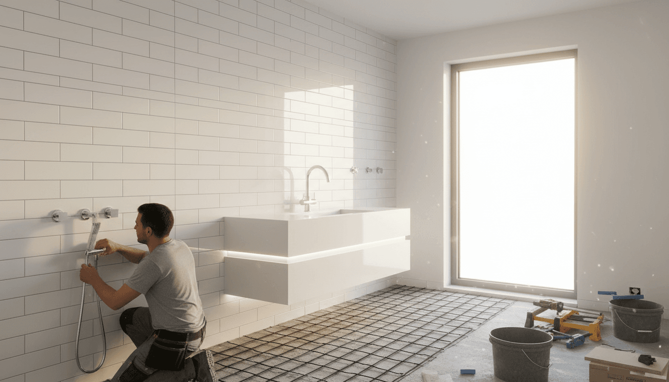 Professional tub refinishing service being performed in a modern bathroom